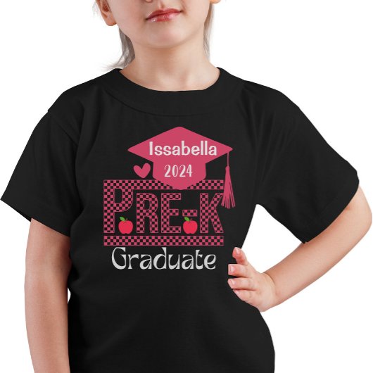 Custom Pre-K Grad Chekered und Cap for Girls Pink T-Shirt