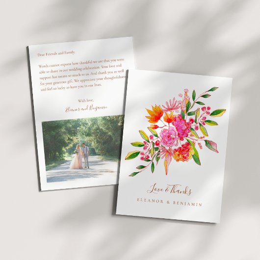 Custom Preprinted Pink Orange Floral Photo Wedding Dankeskarte