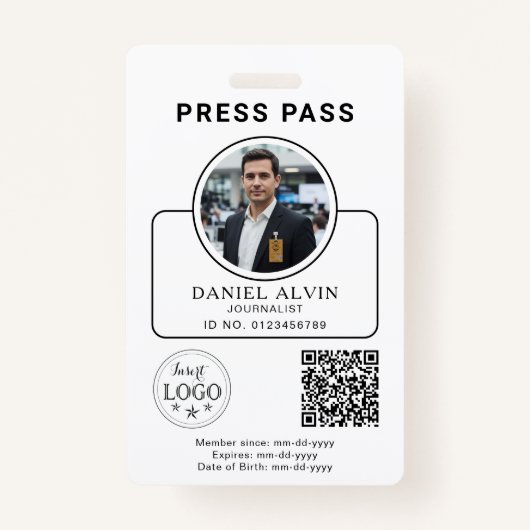 Custom Press Pass with Your Photo ID and QR Code Ausweis (Vorderseite)