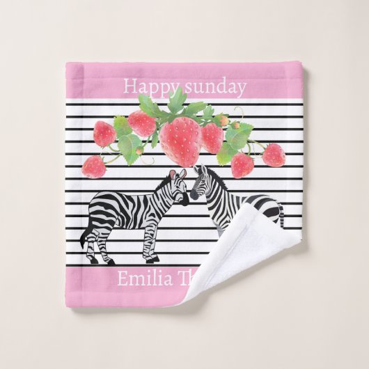 Custom pretty zebra standing with strawberry Pink Badhandtuch Set (Waschlappen)