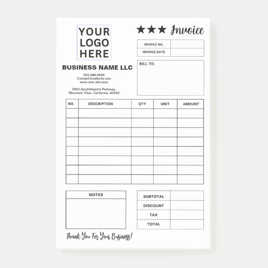Custom Printable Form & Business Logo Invoice Pad Post-it Klebezettel (Vorderseite)
