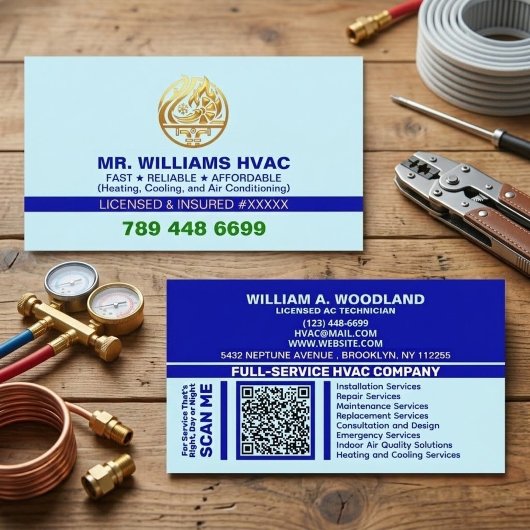 Custom Professional Logo & License | Blue AC HVAC Visitenkarte