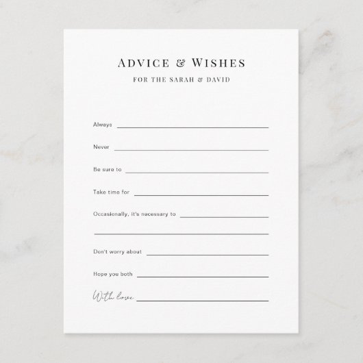Custom Prompt Wedding Advice and Wishings Card Hinweiskarte (Vorderseite)