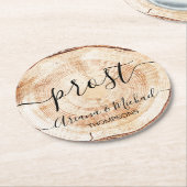 Custom Prost German Wedding Wood Grain Runder Pappuntersetzer (Angewinkelt)