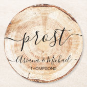 Custom Prost German Wedding Wood Grain Runder Pappuntersetzer (Vorderseite)
