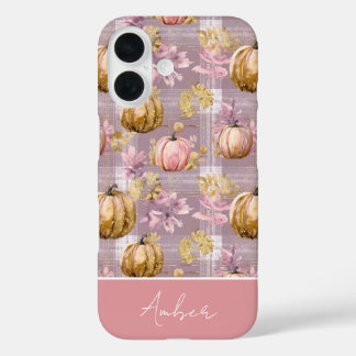 Custom Pumpkin and Flowers plaid  pattern  iPhone 16 Hülle