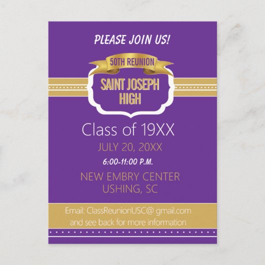 Custom Purple 50th Class Reunion Invite Postkarte (Vorderseite)