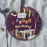 Custom Purple Teen Girl Birthday Photo Collage  Button<br><div class="desc">Celebrate a special day in style with this custom purple scrapbook-style teen girl birthday photo collage button badge. Designed with a fun torn-paper scrapbook aesthetic, playful stars, layered textures, and colorful cut-out lettering spelling “Happy Birthday, ” this badge becomes a unique and personal birthday accessory. The design allows you to...</div>