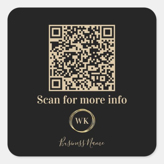 Custom QR Code Business Monogram Logo Black Gold Quadratischer Aufkleber (Vorderseite)