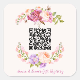 Custom QR Code Floral Frame Wedding Gift Registry Quadratischer Aufkleber