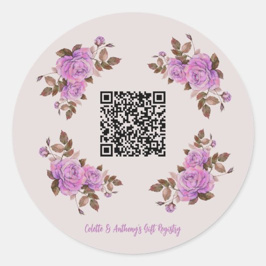 Custom QR Code Floral Frame Wedding Gift Registry Runder Aufkleber (Vorderseite)
