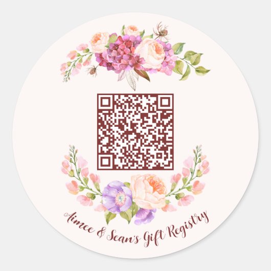 Custom QR Code Floral Frame Wedding Gift Registry Runder Aufkleber (Vorderseite)
