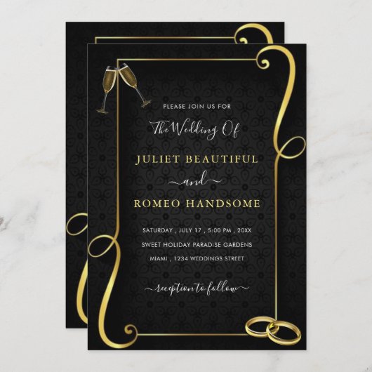 Custom QR Code Gold Black Wedding Einladungskarte (Vorne/Hinten)