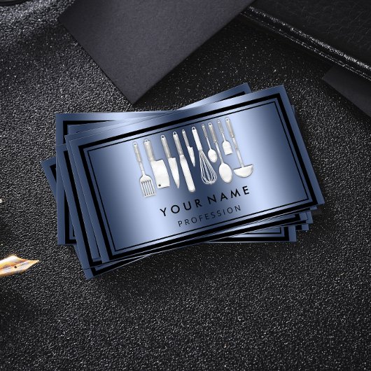 Custom QR CODE Logo Restaurant Kochen Koch Blau Visitenkarte