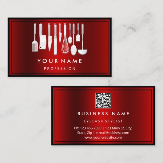 Custom QR CODE Logo Restaurant Kochen Koch Rot Visitenkarte (Vorne/Hinten)