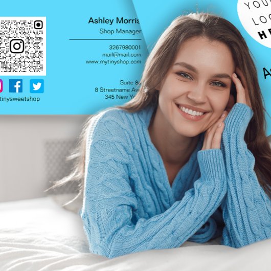 Custom QR Code Logo Social Online Shop Blau Visitenkarte