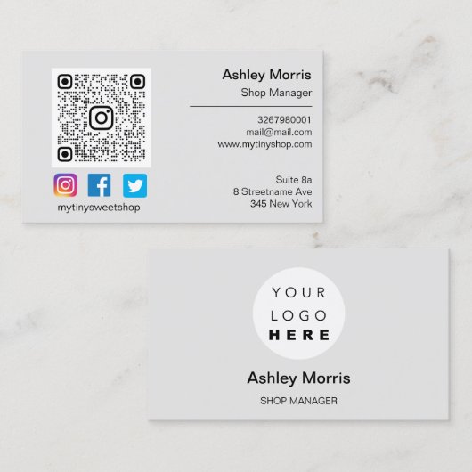 Custom QR Code Logo Social Online Shop Grau Visitenkarte (Vorne/Hinten)