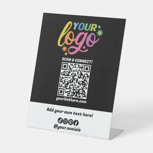 Custom QR Code Logo Socials Schwarz-weiß Rainbow Sockelschild (Vorderseite)