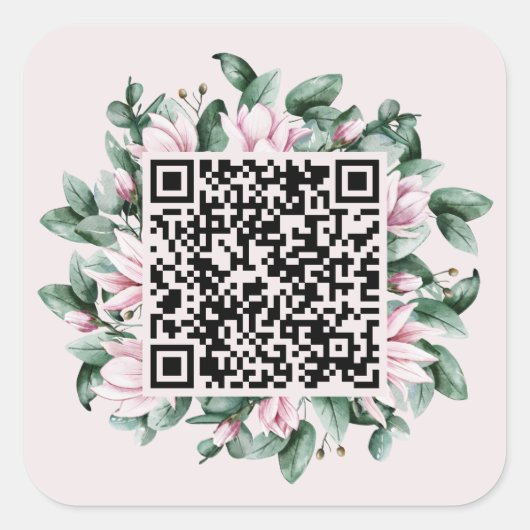 Custom QR Code Magnolia Blume Frame Wedding Quadratischer Aufkleber (Vorderseite)