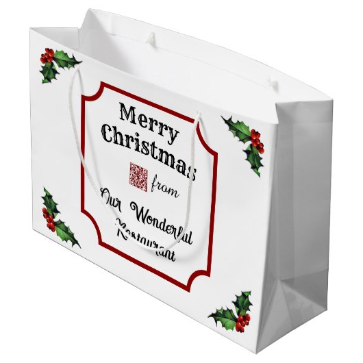 Custom QR Code Restaurant Frohe Weihnachten Große Geschenktüte (Rückseite Schrägansicht)