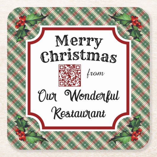 Custom QR Code Restaurant Weihnachten Kariert Rechteckiger Pappuntersetzer (Vorderseite)