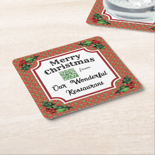 Custom QR Code Restaurant Weihnachtsrot Kariert Rechteckiger Pappuntersetzer