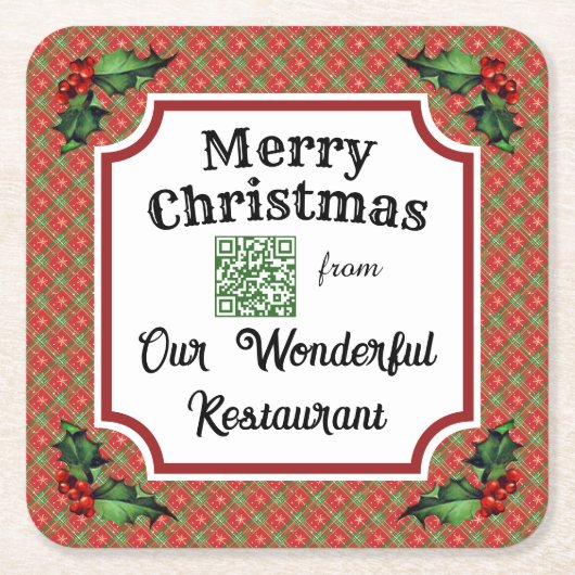 Custom QR Code Restaurant Weihnachtsrot Kariert Rechteckiger Pappuntersetzer (Vorderseite)