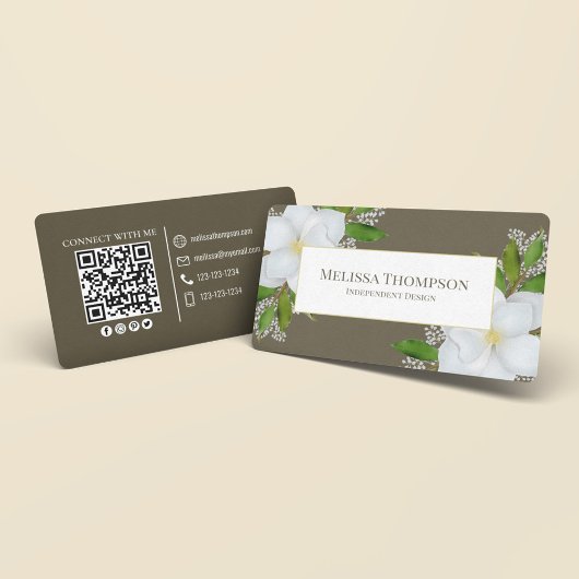 Custom QR Code Social Media Botanische Magnolien Visitenkarte