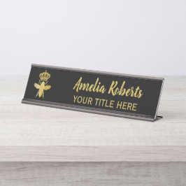 Custom QUEEN BEE Gold Black Namplate Holder Schreibtischnamensplakette