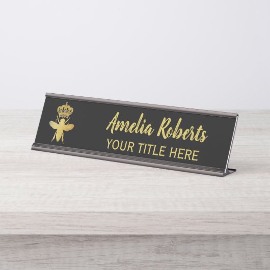 Custom QUEEN BEE Gold Black Namplate Holder Schreibtischnamensplakette (Vorderseite )