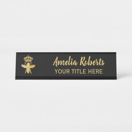 Custom QUEEN BEE Gold Black Namplate Holder Schreibtischnamensplakette (Vorderseite )