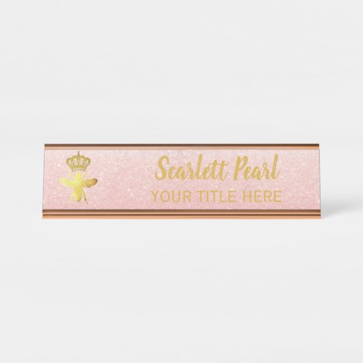 Custom QUEEN BEE Rose Glitzer Namplate Holder Schreibtischnamensplakette (Vorderseite )