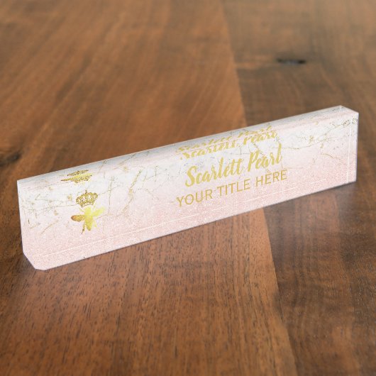 Custom QUEEN BEE Rose Gold Marble Namplate Holder Namensplakette (Seite)