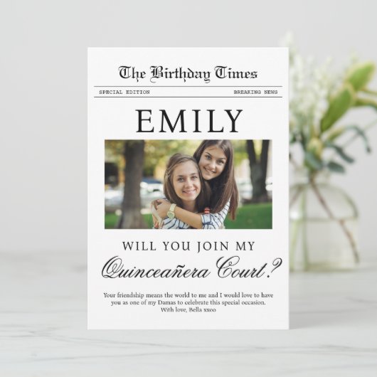 Custom Quinceañera Court Vorschlag Zeitung Karte (Stehend Vorderseite)