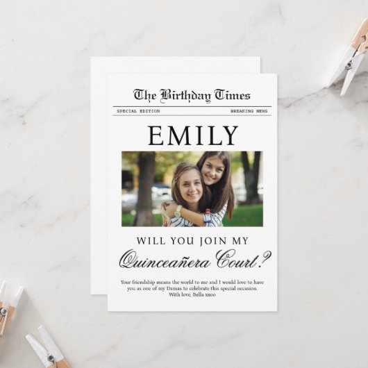 Custom Quinceañera Court Vorschlag Zeitung Karte (Vorderseite/Rückseite Beispiel)