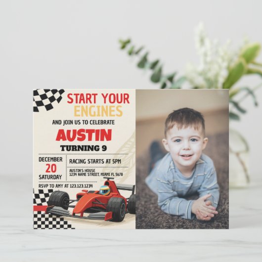 Custom Racing Party Einladung für Kinder mit Foto (Stehend Vorderseite)
