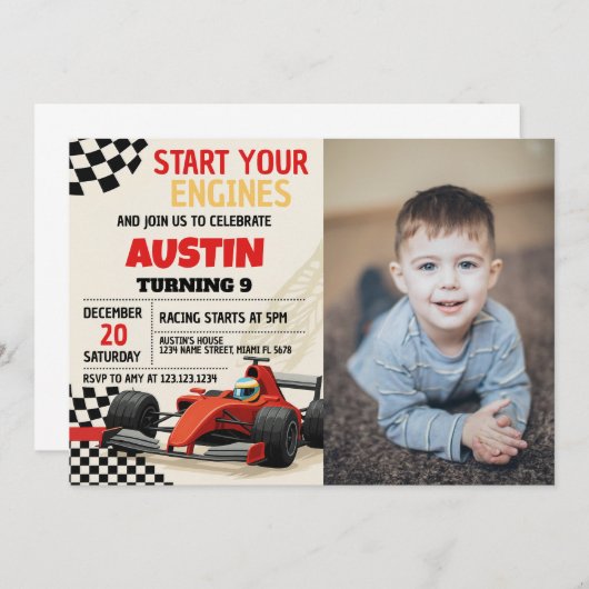 Custom Racing Party Einladung für Kinder mit Foto (Vorne/Hinten)
