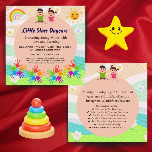 Custom Rainbow Handprint Sun Daycare Card Template Quadratische Visitenkarte