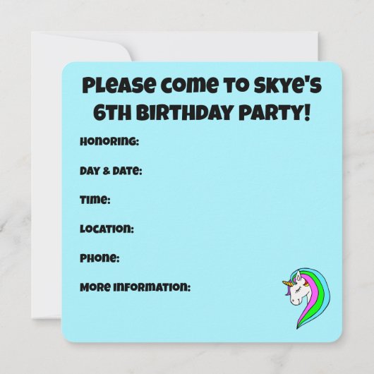 Custom Rainbow Unicorn Einladung (Rückseite)