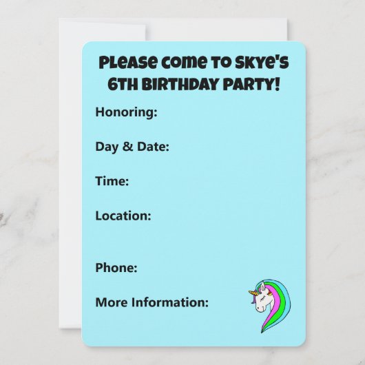 Custom Rainbow Unicorn Einladung (Rückseite)