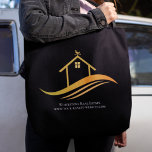 Custom Real Anwesen Company Chic Black Gold Realto Tasche<br><div class="desc">Diese schicke,  echte Anwesen-Tote-Tasche ist individuell mit Ihrem Immobilienunternehmen und Agent-Namen gemacht. Diese eleganten Marketing-Taschen aus schwarzem Tote verfügen über ein hübsches Haus mit vergoldetem Wetter auf der Oberseite und schlichten Kurven darunter. Personalisieren Sie mit Ihrer Business-Website unter.</div>