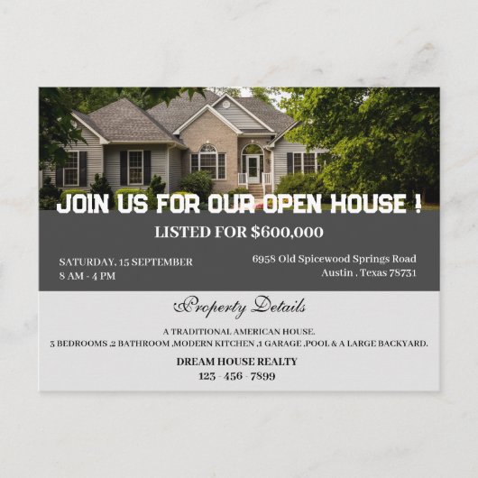 Custom Real Anwesen Open House Postkarte (Vorderseite)