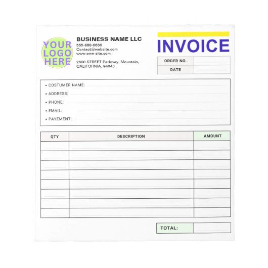 Custom Receipt Books | Logo, Sales Order Form Notizblock (Vorderseite)