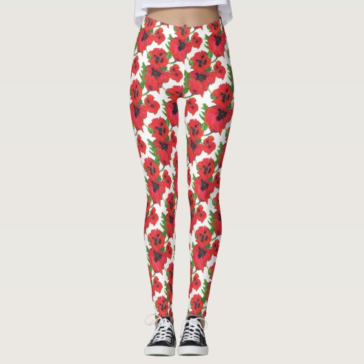 Custom Red and Black Oriental Poppies on White Leggings (Vorderseite)