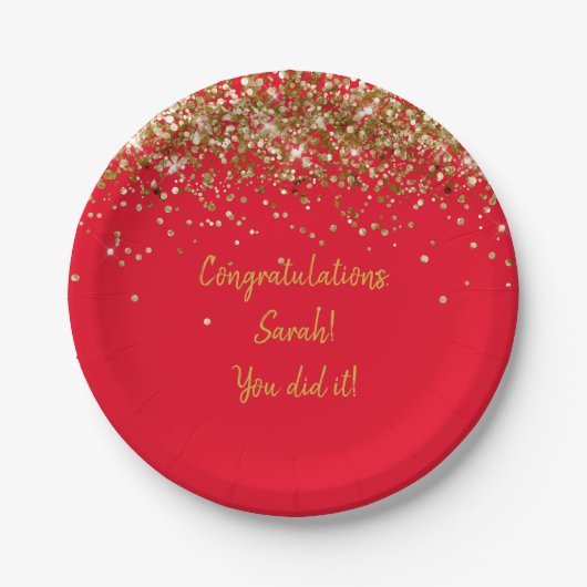 Custom Red and Gold Graduation Party Glitzer Ihr Pappteller (Vorderseite)