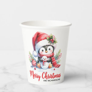 Custom Red and White Niedlich Pinguin Frohe Weihna Pappbecher