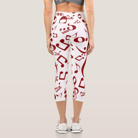 Custom Red and White Note Pattern Capri Leggings (Rückseite)