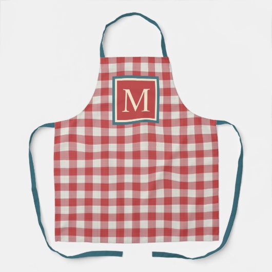 Custom Red Aquamarin Blue Ivory Gingham Pattern Schürze (Vorderseite)