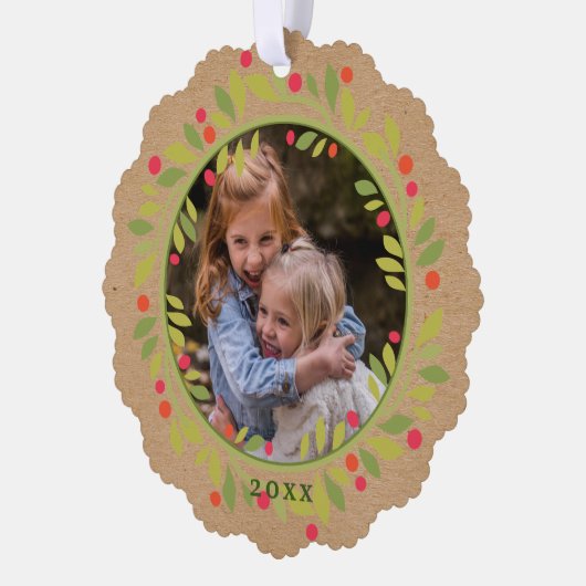 Custom Red Berries Green Blätter Kranz Ornament Karte (Links)