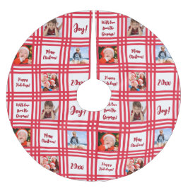 Custom Red Candy Cane Kariert Family Foto Collage Polyester Weihnachtsbaumdecke